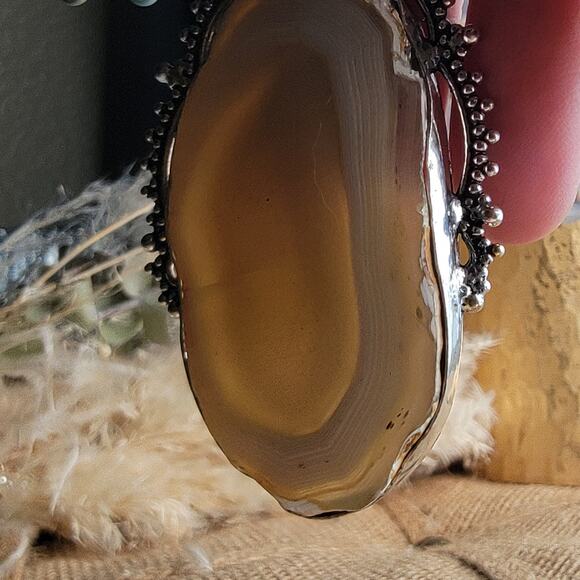 Radiant Golden Banded Agate Pendant, Sterling Silver Vintage-Inspired Necklace - Picture 7 of 10